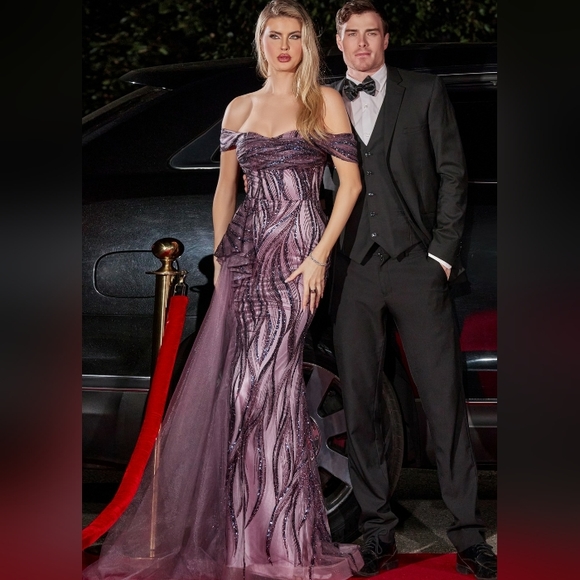 Eggplant purple or blue fitted off the shoulder glitter long floor length gown - Picture 1 of 8